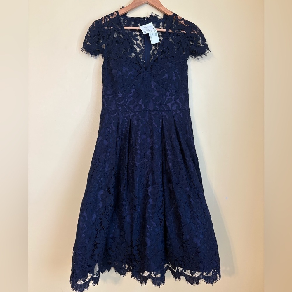 Eliza J Macy’s NWT Navy Eyelash Lace Fit & Flare Cocktail Evening Party Dress 8 - Picture 5 of 13
